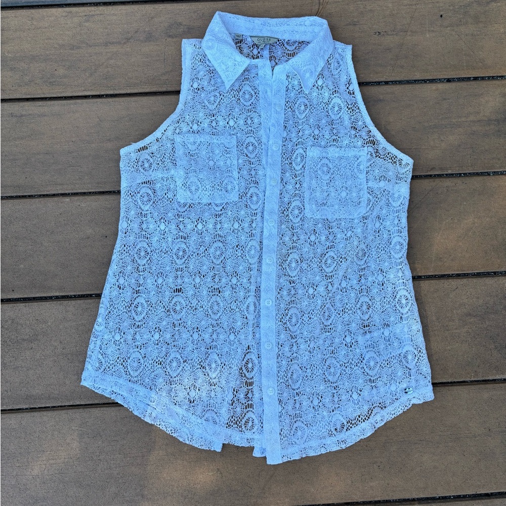 Guess White Lace Button Down Sleeveless Top